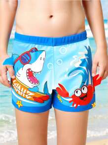 Cartoon Shark Print Boys Swimming Trunks (Printed Location) - Blue - View 3
