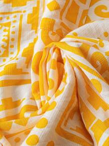 SHEIN LUNE 大码女式几何印花短袖纽扣休闲衬衫，夏季 - 黃色 - 查看 5