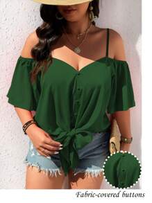 SHEIN LUNE Camisa de estilo retro con hombros descubiertos y nudo delantero, en unicolor, de moda y casual, talla grande - Verde Oscuro - Ver 7