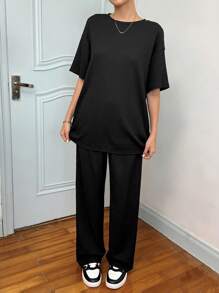 SHEIN Teen Girls Loose Casual Simple Comfortable Round Neck Short Sleeve Solid T-Shirt And Pants Set