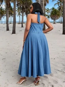 Slaydiva Women Plus Size Dark Blue Denim Dress,Hollow-Out Fitted Casual Summer Vacation Beach Holiday Sundress,Boho Long Autumn Wedding Guest Formal Dresses - Blue - View 6
