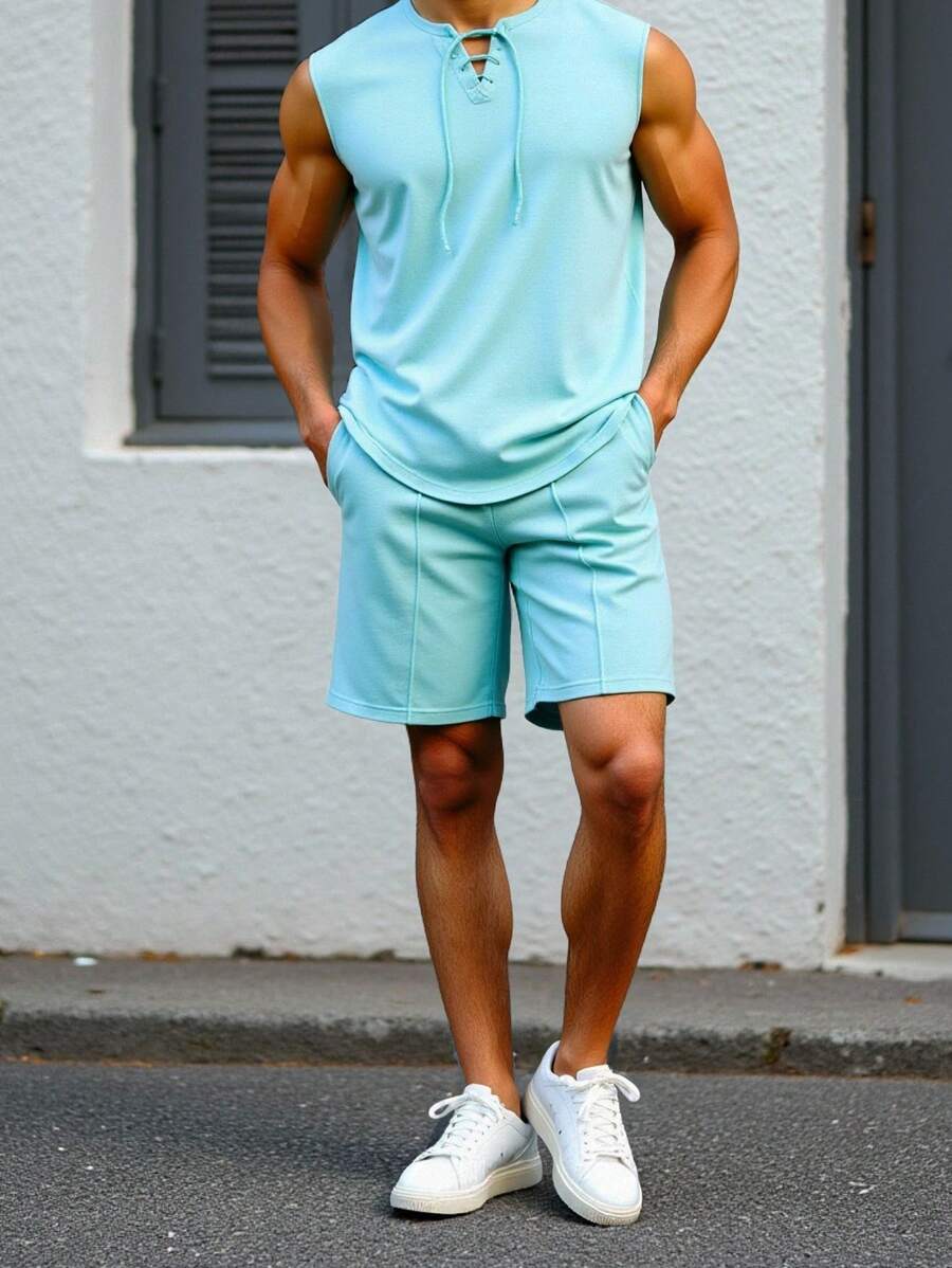 Manfinity VCAY 2pcs/Set Men's Knitted Fitted Round Neck Casual Top Set, Suitable For Summer - Green - View 1