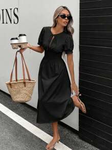 Siren Gaze 女士紧身胸衣和 A 字裙套装，前系带泡泡袖中长连衣裙，带口袋 - 黑色 - 查看 5