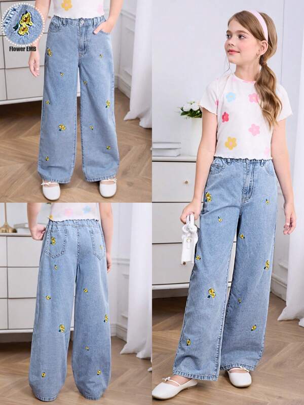 Mädchen Jeans im Lässig Daily Urban Street Style mit bestickter Verzierung, elastischem Bund und Reißverschluss Geradebeinschnitt