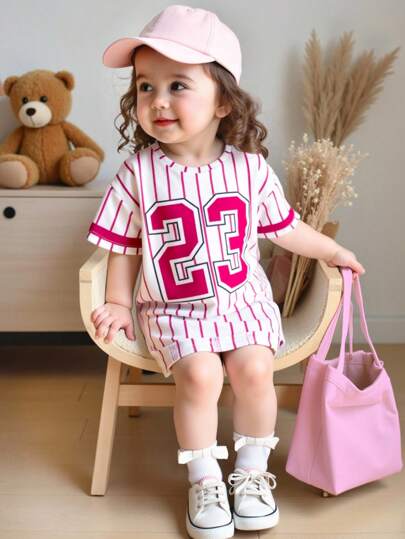 夏季休闲女婴印花拼色条纹宽松连衣裙