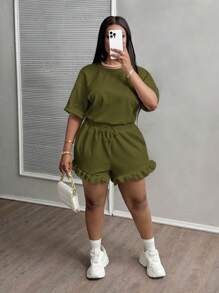 Slaydiva 2 件套休闲基本款纯色短袖 T 恤和褶边短裤运动休闲装女士加大码 - Z - 綠色 - 查看 3