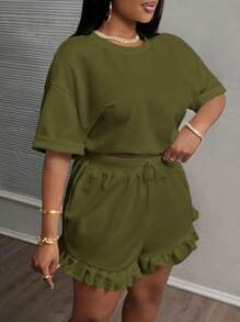 Slaydiva 2 件套休闲基本款纯色短袖 T 恤和褶边短裤运动休闲装女士加大码 - Z - 綠色 - 查看 4