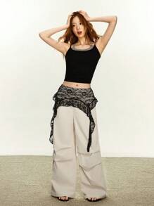 Rina Fox 女士蕾丝撞色褶皱阔腿宽松休闲裤 - 杏色 - 查看 6