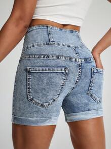SHEIN EZwear سروال جينز قصير أنيق للسيدات مزود بجيوب وأزرار - أزرق متوسط - مشاهدة 2