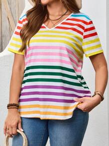 EMERY ROSE 加大码女式彩色条纹印花 V 领短袖 T 恤束腰上衣，外出上衣，休闲夏季，夏季，海滩，度假，骄傲，乡村音乐会，波西米亚风，度假，狂欢 - 彩色 - 查看 5