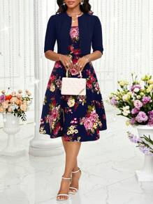 SHEIN Lady Spring And Summer Romantic Bright Colors Light Mature Temperament Elegant Long Skirt And Short Jacket Two Pieces Set - Navy Blue - View 4