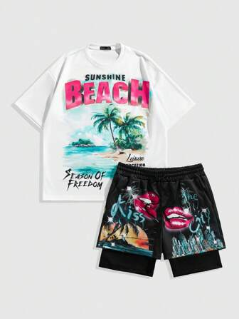 Street Life Herren Set aus Kurzarm T-Shirt mit Buchstaben- und Palmenbaum Muster und Shorts, Lässig Urlaubsstil