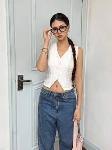 SHEIN Áo không tay cổ chữ V thoải mái, vừa vặn cho bé gái tuổi teen, viền áo bất đối xứng - trắng - Xem 5