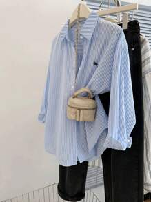 INAWLY Plus Size Women Casual Striped Long Sleeve Single Breasted T-Shirt
