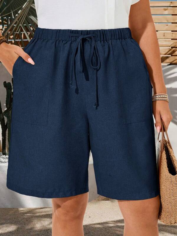 EMERY ROSE Plus Size Women Solid Bermuda Shorts, Relaxed Fit Knee Length Mid-Waist Basic Style, Summer