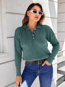 RueChic Women Solid Color Polo Neck Drop Shoulder Long Sleeve Casual Loose Knit Sweater, Autumn/Winter - Mint Green - View 4