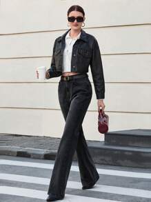 EURMUSE 98%Cotton HIGH RISE FLARED LONG BLACK JEAN TALL - Dark Grey - View 5