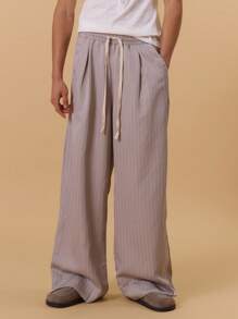 Musero Contrast Drawstring Straight Leg Pinstripe Trousers Spring Summer Vacation Holiday Smart - Khaki - View 2