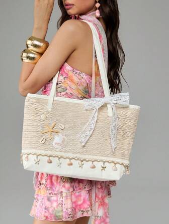 Fairycore 1 Stück Strandurlaubs-Motiv Muschel, Meereskoralle, Perlen Dekor Damen Tragetasche, große Kapazität Blumen Stroh Strandtasche für Frühling/Sommer