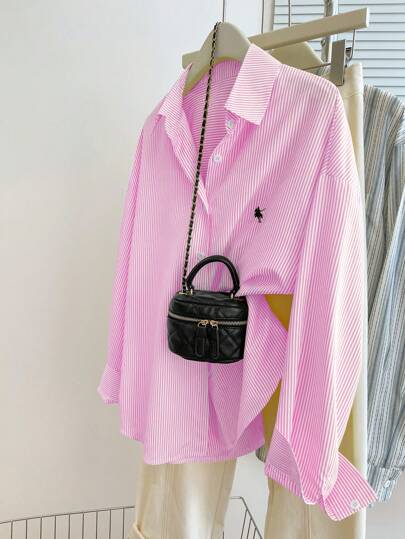 INAWLY Plus Size Women's Casual Drop Shoulder Single-Breasted Striped T-Shirt Fall Cloth For Women