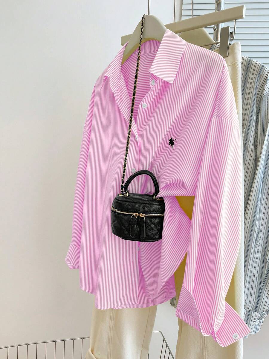 INAWLY Áo thun sọc đơn hàng rời vai trễ dành cho nữ cỡ lớn - Hồng - Xem 1