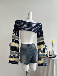 Sweetra 女士彩色钩针蝴蝶结短款长袖毛衣，甜美风格，春夏秋季针织套头衫秋冬 - 彩色 - 查看 2