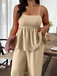 SHEIN Clasi Plus Size Summer Solid Ruffled Hem Camisole And Pants Two Pieces Casual Set - Khaki - View 6