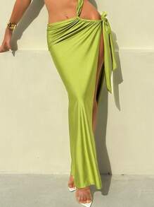 SHEIN Swim Conjunto de 2 piezas glamoroso para el verano: Nuevo vestido largo asimétrico de un hombro con abertura lateral y espalda descubierta, de unicolor, ideal para la playa y vacaciones para mujeres