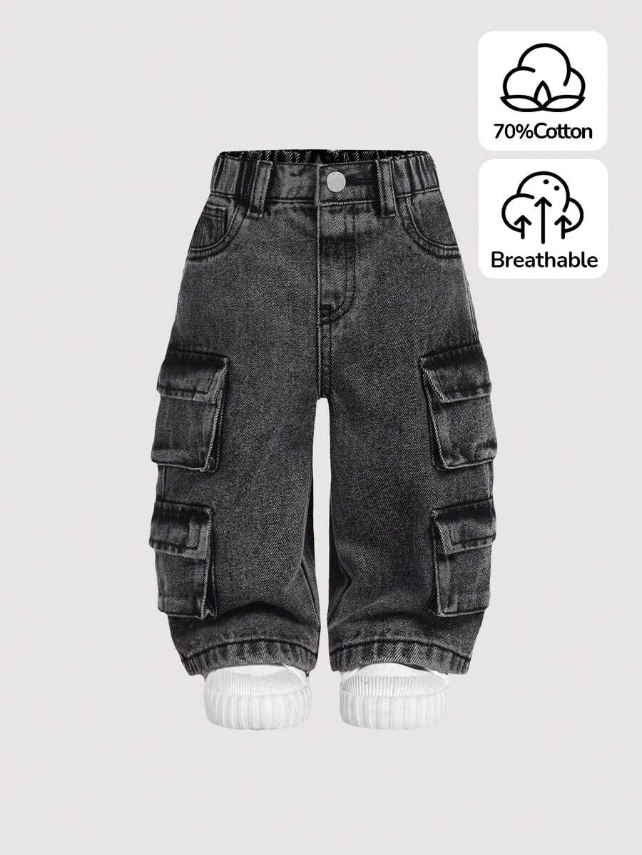 SHEIN 女婴灰色牛仔实用阔腿裤，酷炫服装/女童感恩节服装，女婴秋冬装