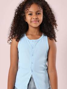 SUMWON Top de tirantes acanalado con botones delante, camiseta sin mangas de verano, base esencial para moda de preadolescentes