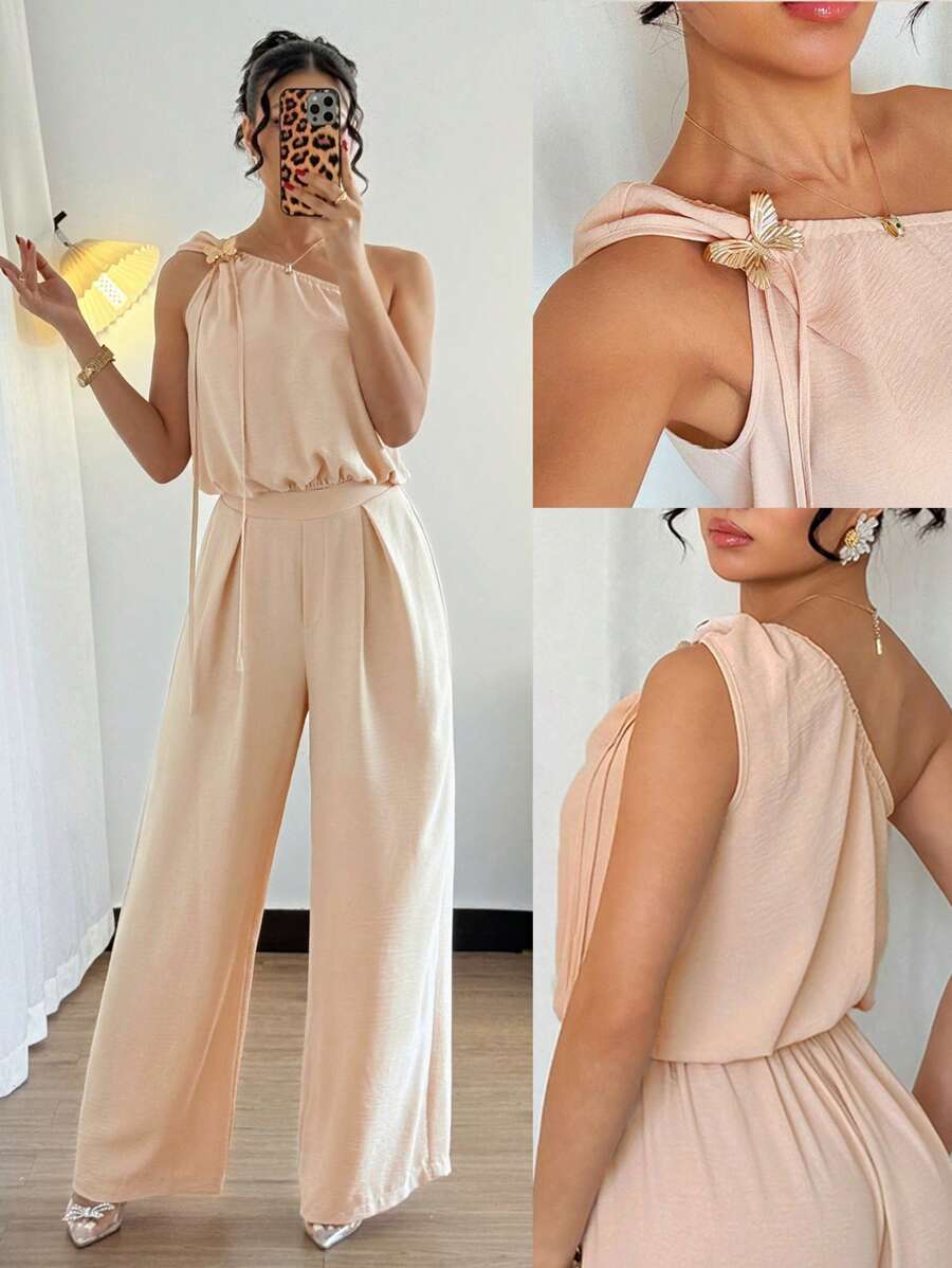 Chiquease 女士纯色休闲露肩上衣和阔腿裤两件套，夏季