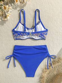 Swim Lushoire Bộ đồ bơi 2 món có áo nâng ngực in họa tiết ngẫu nhiên, dây đeo vai có thể điều chỉnh, quần short cạp cao, phong cách Bohemian, dành cho kỳ nghỉ ở bãi biển - Màu xanh lam - Xem 6