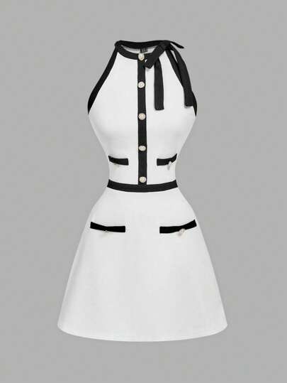 SHEIN MOD 圆领蝴蝶结点缀白色和黑色拼色纽扣装饰连衣裙