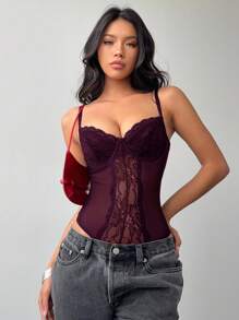 Aloruh Conjunto de body de mujer sexy y elegante con parches de encaje - Granate - Ver 2