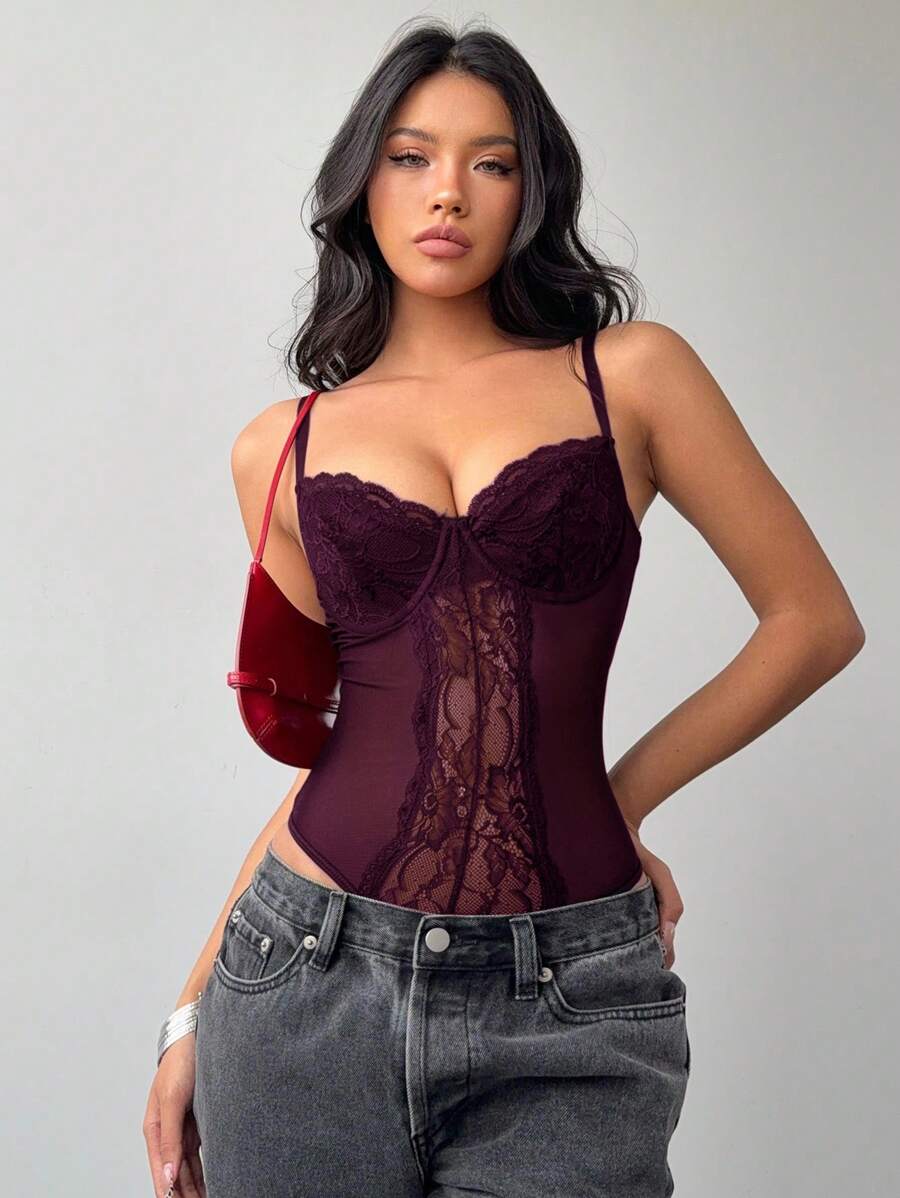 Aloruh Conjunto de body de mujer sexy y elegante con parches de encaje