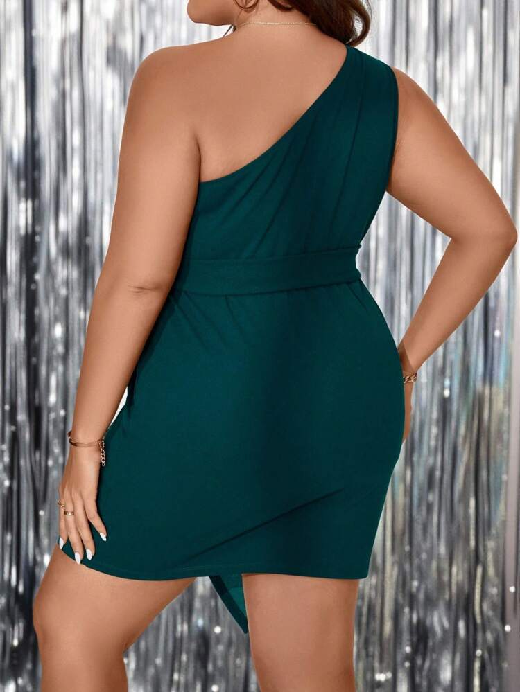 Plus One Shoulder Wrap Hem Belted Dress