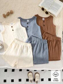 SHEIN Vintaside Kids Ensemble d'été de 6 pièces pour bébé garçon, débardeur unicolore décontracté assorti à des shorts, 3 ensembles en café, abricot et bleu, coupe ample, convenant pour la maison, les loisirs, les sorties et les occasions de fête