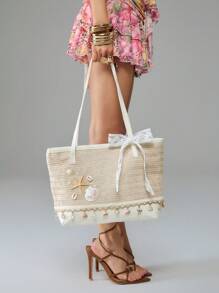 ROMWE Fairycore 1 件度假主题贝壳、珊瑚、珍珠装饰女士手提包，大容量花卉草编沙滩包，适合春夏季 - 彩色 - 查看 6