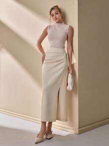 CLARA VERO Falda larga elegante de longitud media, con pliegues frontales laterales, de tela de concha ceñida con cinturón, para mujer, de unicolor, para primavera y verano