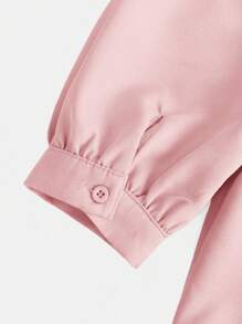 青少年女孩优雅简约精致甜美方领泡泡袖蝴蝶结 A 字长裙，日常穿着 - 淺粉色 - 查看 10