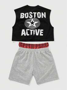 ROMWE MEN Street Life 2pcs/Set Men's Streetwear Graphic Print Tank Top And Shorts Suit - Black - View 2