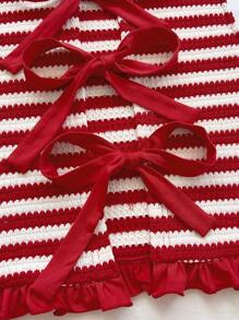 Soleia Bộ 2 món/Bộ trang phục đi nghỉ cho nữ: Áo len cardigan ngắn thắt nơ kẻ sọc đỏ trắng tương phản màu và quần short bó, thích hợp cho tiệc tùng, hẹn hò ngày lễ tình nhân, bãi biển, du ngoạn, lễ hội hóa trang, lễ Phục sinh - Đỏ và trắng - Xem 3