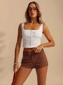 SHEIN BAE Women's Brown Striped Casual Long Pants, Simple & Stylish Low Rise Shorts For Daily, Holiday, Vacation, Office Wear, Spring/Summer,Micro Shorts - Multicolor - View 5