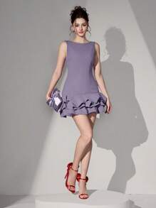 Poshira Vestido corto de punto para mujer con bloques de color negro, sin mangas, espalda descubierta y diseño calado para fiesta