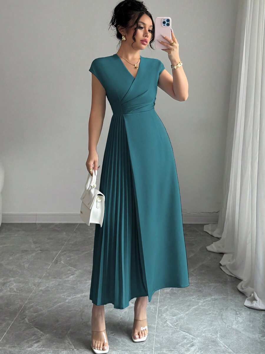 Elenzga 女士优雅精致简约 V 领系腰褶下摆长裙，落肩袖，适合工作、办公室、休闲、旅行、春夏季 - 水鴨藍 - 查看 1