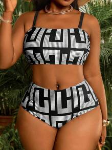 Slaydiva Plus Size Women Geometric Print Bandeau Top With High Waist 2 PiecesPant Set, Summer Beach Holiday,Vacation Outfits Woman - Black and White - View 6
