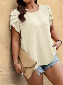 Calvaya Plus Size Women's Casual Solid Color Ruffle Sleeve Round Neck Blouse, Summer - Beige - View 3