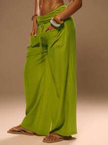 MUSERA Women Pants Wide Leg Fold Over Linen Look Summer Holiday Ibiza Boho Holiday Vacation - Yellow - View 3