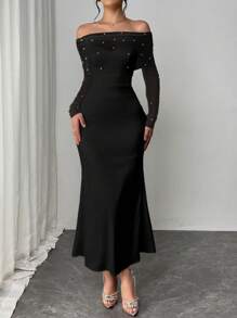 Firerie Damen Frühlings Elegant Romantisch Fashion Pendler Sexy Anmutiger Stil, geeignet für Party, Urlaub, romantisches Date und Geburtstags Hochzeitskleid Valentinstag, Netz Mesh Künstliche Perlen Dekor Off-Shoulder figurbetontes weißes Kleid