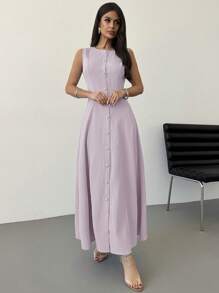 Firerie 全新夏季女式休闲通勤日常度假旅行蓝色无袖前扣 A 字中长连衣裙，优雅简约设计 - 紫色 - 查看 5